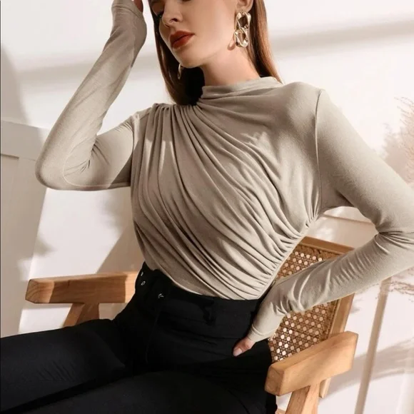 Elegant Classy Work Office Long Sleeve Ruched Top Blouse - Picture 5 of 8